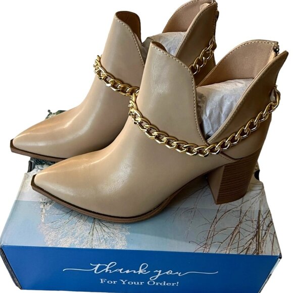Women's Cutout Ankle Booties Boots With Gold Chain Almond Toe Western Style - Picture 1 of 5